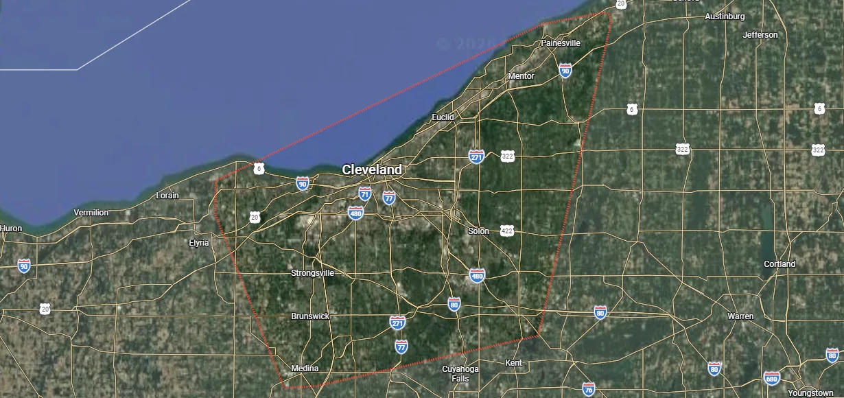Just Lift Concrete service area map covering Greater Cleveland from Painesville south to Medina and west to Avon, Ohio